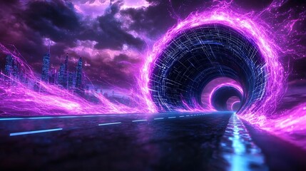 Poster - captivating quantum wave of vibrant neon lights across a futuristic digital cityscape striking energ