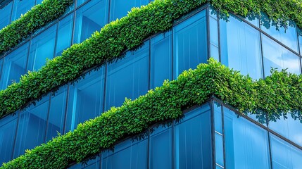 Poster - A close-up shot of a glass office building with green plants climbing the walls, reflecting the surrounding trees and sky, emphasizing sustainable architecture.