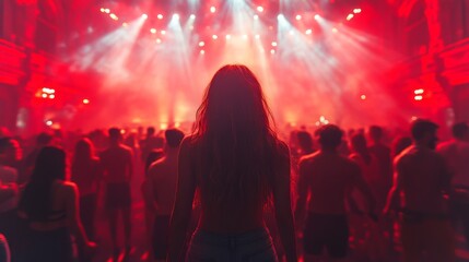 Poster - A lively gathering of people sways to the rhythm of music in a concert hall filled with red lights. The atmosphere is electric as attendees celebrate the night.