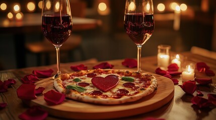 A romantic dinner table setup with two glasses of wine, a heart-shaped pizza on a wooden platter.