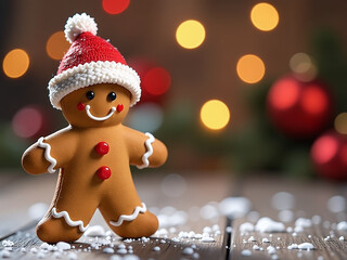 Aufkleber - Gingerbread Man In Red Hat Stands Out Against Blurred Light Background Banner, Perfect For A Christmas Theme With Copy Space Nearby. 00002