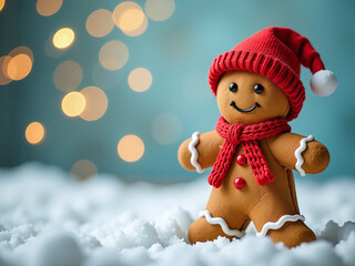 Aufkleber - Gingerbread Man In Red Hat Stands Out Against Blurred Light Background Banner, Perfect For A Christmas Theme With Copy Space Nearby. 00001