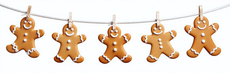 Poster - Gingerbread Cookies Hang From A White Rope Garland With Transparent Background For Isolated Festive Decoration Use During Christmas Season. 00001