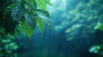 Wall Mural - Close-up of vibrant green leaves glistening with raindrops during a gentle rain shower, creating a tranquil and refreshing natural scene.