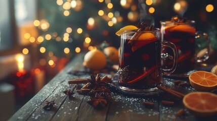 Warm Mulled Wine by the Christmas Tree: Two mugs of aromatic mulled wine, garnished with lemon and cinnamon sticks, sit on a rustic wooden table.