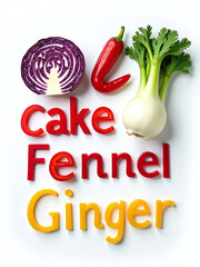 Poster - Fruiting Text Made From Sliced Red Cabbage, Fennel, Red Pepper, And Ginger Isolated Against A Pure White Background. 00001