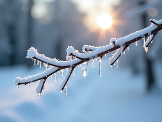 Poster - Frozen Tree Branch In Winter Landscape With Soft Focus And Shallow Depth Of Field, Capturing Delicate Winter Details. 00001