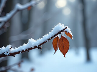 Poster - Frozen Branch Against Winter Background With Brown Leaves In Soft Focus And Shallow Depth Of Field Photography Technique. 00003