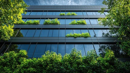 Poster - A sleek corporate glass building with expansive windows reflecting the surrounding greenery, showcasing integration of nature into modern business practices under dramatic shadows.