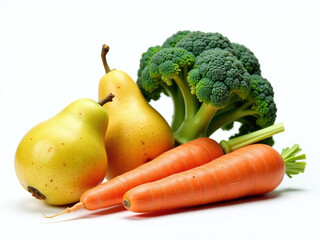 Poster - Fresh Fruits And Vegetables Such As Pear, Carrot, Broccoli, Watermelon, And Others Are Isolated On A Clean White Background. 00001