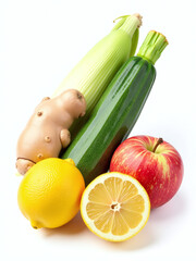 Poster - Fresh Fruits And Vegetables Including Ginger, Lemon, Zucchini, Apple, And Corn Are Isolated Against A Clean White Background. 00001