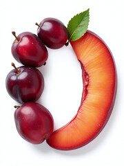 Poster - Fresh Fruit Letters O And P Made Of Plum And Peach Isolated On A Clean White Background. 00003