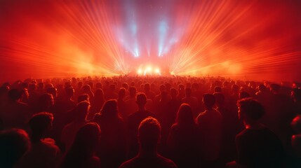Poster - A vibrant crowd fills the venue, captivated by the performance on stage as bright red lights and beams create a dynamic ambiance, enhancing the musical experience.