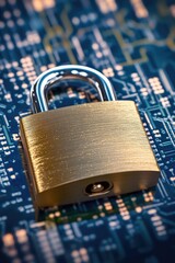 Poster - A golden padlock secured on a circuit board, ready for protection