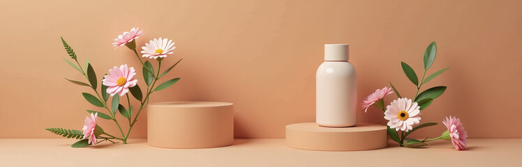 Aufkleber - Flowers Are Placed On A Simple Brown Podium With A Minimalist Design For Presenting Products In A Clean Atmosphere. 00003