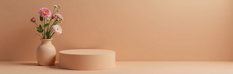 Aufkleber - Flowers Are Placed On A Simple Brown Podium With A Minimalist Design For Presenting Products In A Clean Atmosphere. 00002