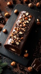 Wall Mural - Indulgent chocolate dessert topped with hazelnuts on slate serving board with chocolate shavings and cocoa powder