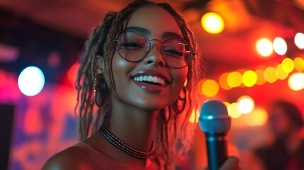 Poster - A young woman with dreadlocks smiles and holds a microphone while captivating the crowd during an energetic performance in a vibrant setting filled with colorful lights.