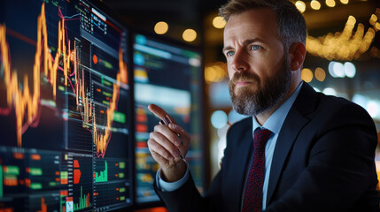 Aufkleber - business analyst analyzing global economic trend data on multiple screens, showcasing financial graphs and charts. focused expression highlights importance of data driven decisions