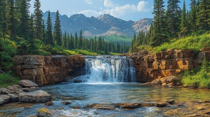 Canvas Print - Majestic waterfall cascading down rocky cliffs into a pristine mountain river, surrounded by lush evergreen forest and majestic peaks under a vibrant sunny sky.