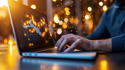 Aufkleber - business analyst working on laptop, analyzing data with glowing visualizations. warm bokeh lights create focused and dynamic atmosphere