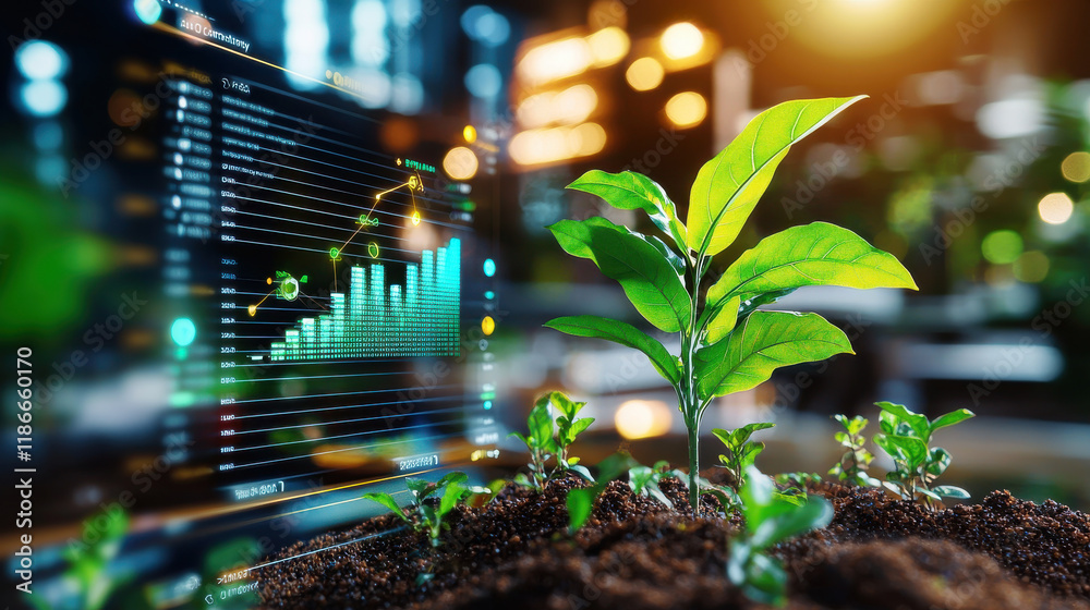 close up of green plant growing in soil with digital display showing ...