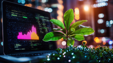 Aufkleber - laptop displaying colorful digital graph next to green plant symbolizes fusion of technology and sustainability. vibrant colors reflect innovation and growth in modern setting