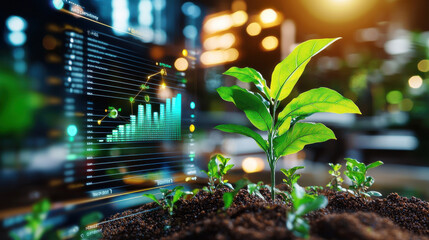Poster - close up of green plant growing in soil with digital display showing sustainability metrics and growth trends. image conveys sense of innovation and environmental awareness