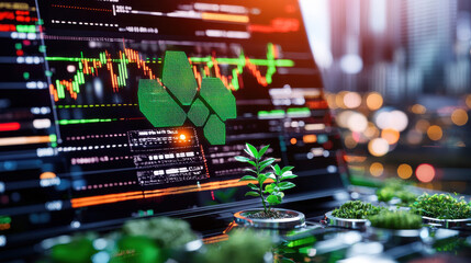 Poster - close up of digital screen displaying green ecological data, with small plant in foreground, symbolizing growth and sustainability in technology