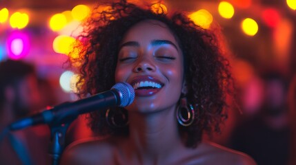 Poster - A talented woman sings passionately into a microphone at a bustling music venue, surrounded by glowing lights and an enthusiastic crowd. The lively atmosphere enhances her performance.