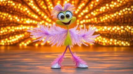 Wall Mural - Animated cheerful bird character with vibrant plumage and outstretched wings, presented against a backdrop of warm bokeh lights.