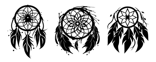 Wall Mural - black and white dreamcatcher illustrations with feathers and decorative designs