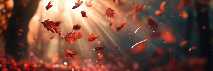 Poster - Vibrant autumn leaves dance through sunlit forest in a peaceful moment of natures beauty. Generative AI