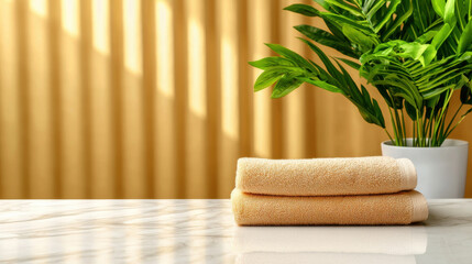 Aufkleber - Soft, textured towels stacked neatly on marble surface, with vibrant green plant in pot, creating serene and luxurious atmosphere in bright space