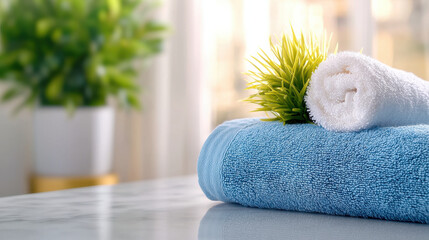 Poster - Luxurious blue and white towels stacked on marble surface, with decorative plant in background, creating serene and inviting atmosphere