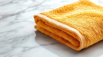 Poster - close up of soft, textured yellow towel resting on marble surface, showcasing its luxurious feel and vibrant color. Perfect for adding touch of warmth to any bathroom decor