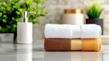 Poster - Luxurious towels stacked neatly on marble surface, surrounded by greenery and elegant bathroom accessories, creating serene and inviting atmosphere