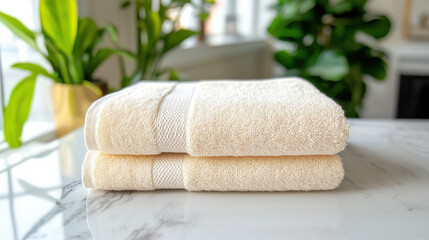 Poster - Soft, luxurious towels stacked on marble surface, surrounded by greenery, creating serene and inviting atmosphere. Perfect for spa or bathroom setting