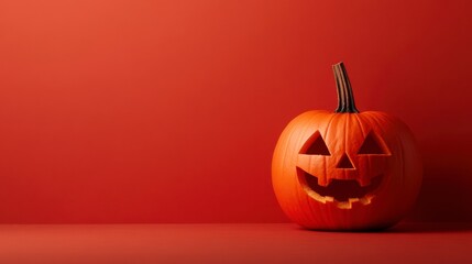 Halloween Jack-o'-lantern: A grinning jack-o'-lantern sits against a vibrant red background, casting a playful yet spooky shadow.  Perfect for Halloween celebrations and autumnal designs.