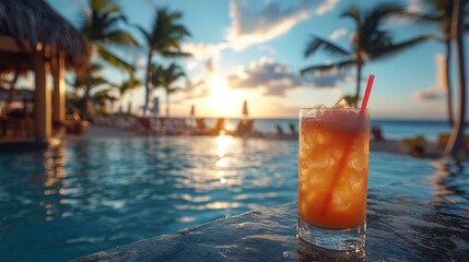 Poster - A colorful cocktail with a straw sits on the edge of a pool as the sun sets behind palm trees. The tranquil atmosphere offers relaxation in a tropical setting.
