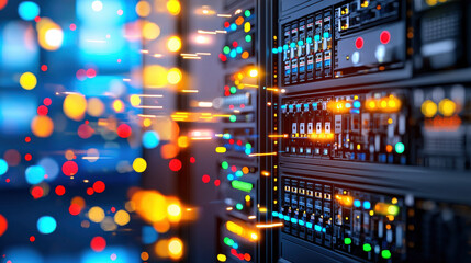 Fototapete - close up view of server racks with illuminated control panels, showcasing vibrant lights and data flow. image captures essence of modern technology and connectivity