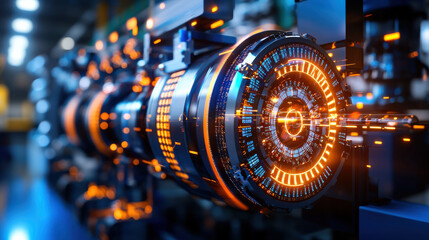 Poster - close up of turbine mechanisms in hydroelectric plant, showcasing intricate designs and glowing elements. image highlights advanced technology used in energy production