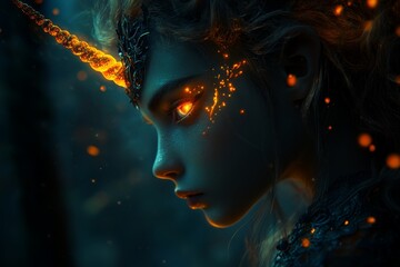 Poster - A close-up of a unicorn face, with intricate details of its glowing horn and sparkling eyes against a forest backdrop