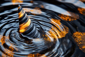 Poster - A close-up of a unicorn horn glowing as it touches the surface of a tranquil pond, creating ripples of golden light