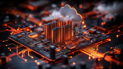 Poster - concept of cloud gaming server farm on circuit board, showcasing powerful servers with glowing elements and cloud symbol, representing advanced technology and connectivity