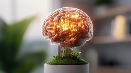 Leinwandbilder - conceptual art piece depicting artificial intelligence as glowing brain integrated with technology and nature, symbolizing innovation and growth
