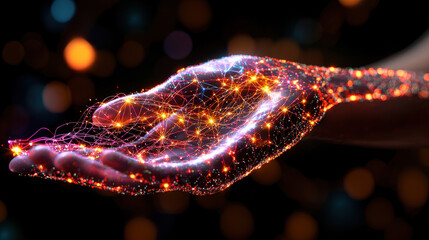 Fototapete - Conceptual art piece depicting artificial intelligence with glowing hands, showcasing interconnected networks of light and energy, symbolizing technology and innovation