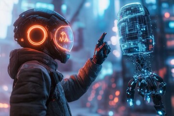 Poster - A cyberpunk-inspired construction site with glowing neon scaffolding, robotic workers assembling a futuristic tower, and holographic project blueprints floating in the air