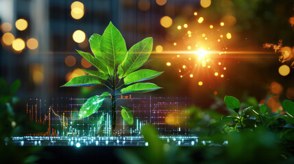 Aufkleber - conceptual illustration of green economy featuring vibrant plant with digital elements, symbolizing growth and sustainability in modern environment