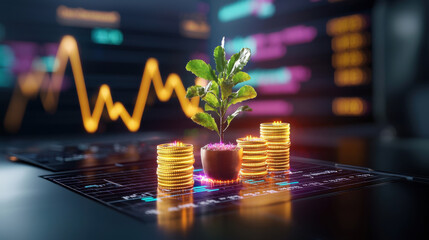 Leinwandbilder - conceptual illustration of economic analysis featuring plant growing from pot surrounded by glowing coins, symbolizing growth and investment in finance
